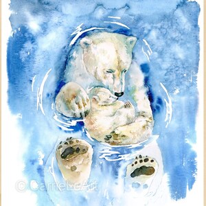 Watercolour polar bear mum and cub print, Polar bear mother and baby wall art