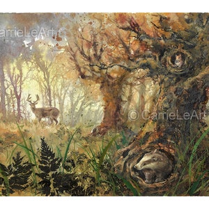 Watercolour Golden Forest Print, Golden Trees Wall Art, Autumnal Forest Painting, Autumn Fall Wall Art, Reindeer Art, Badger and Squirrel