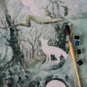 May include: Watercolor painting in progress, depicting a moonlit forest scene. A white wolf howls at the moon, with an owl perched on a branch. A sleeping fox is at the bottom. A paintbrush and paint palette are in the image.