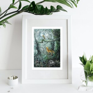 May include: Watercolor art print of a forest scene with a howling fox under a full moon. An owl perches on a branch, and a sleeping badger rests below. The artwork is framed in a white border.