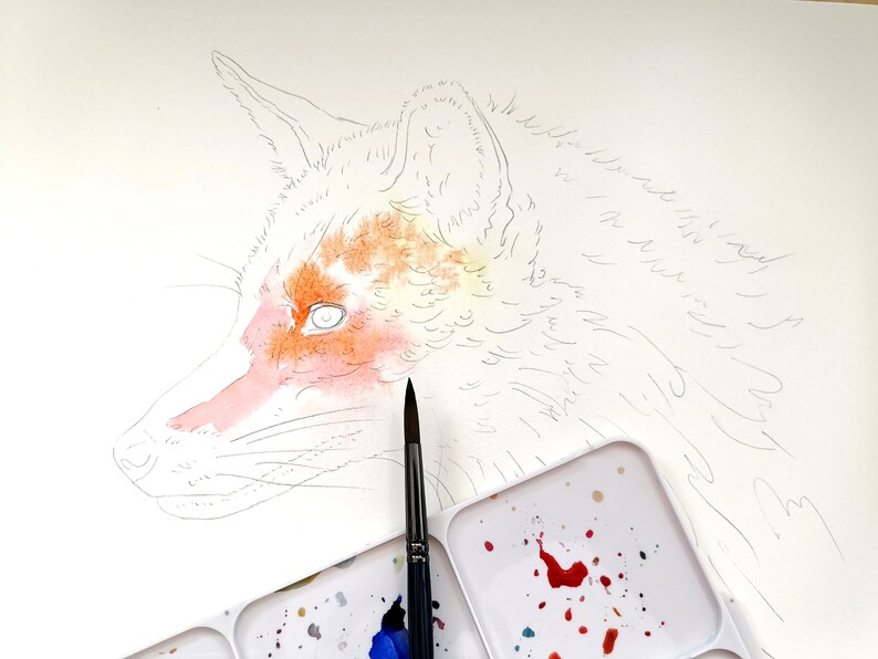May include: Watercolor painting in progress of a fox's head, featuring orange, peach, and white hues. The fox is sketched in pencil, with watercolor applied to the face. A paintbrush and paint palette with colorful splatters are in the foreground.