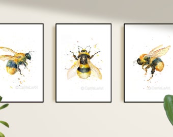Bumble Bee print Set of 3, Bee prints, Insect prints, Bee watercolor, Bee painting, Bumble Bee gifts, Bee wall art, Bumble Bee decor