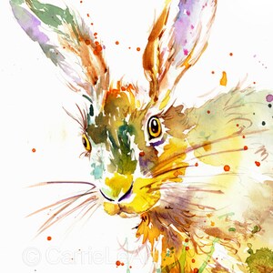 May include: Watercolor painting of a hare with long ears and whiskers. The artwork features a vibrant color palette of yellow, brown, green, and purple hues. Splatter effects add to the artistic style. The hare's eye is a focal point.
