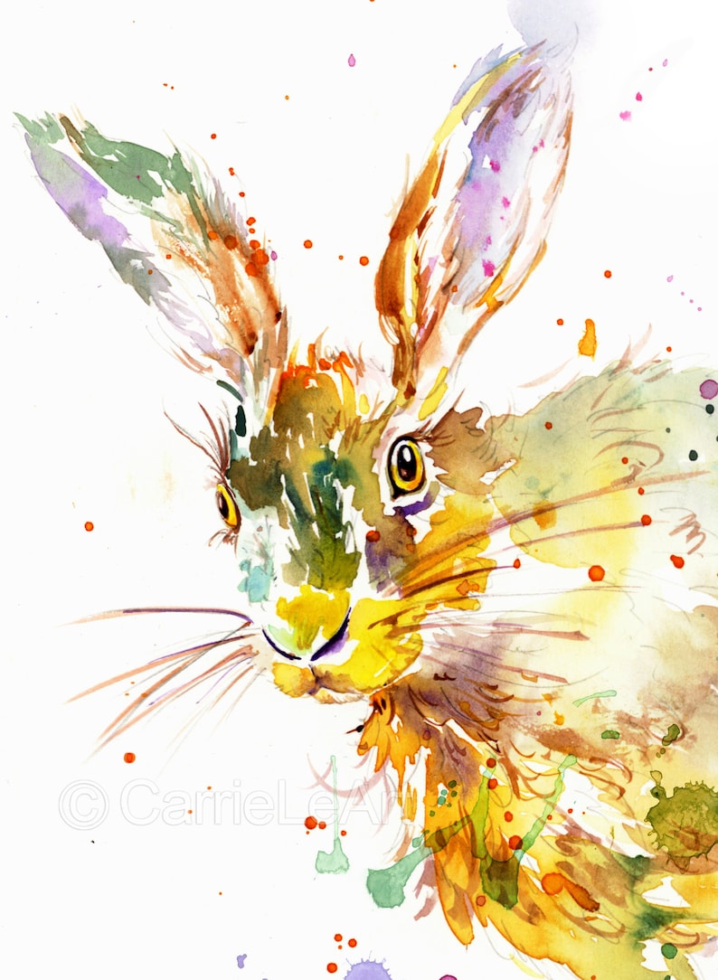 May include: Watercolor painting of a hare with long ears and whiskers. The artwork features a vibrant color palette of yellow, brown, green, and purple hues. Splatter effects add to the artistic style. The hare's eye is a focal point.