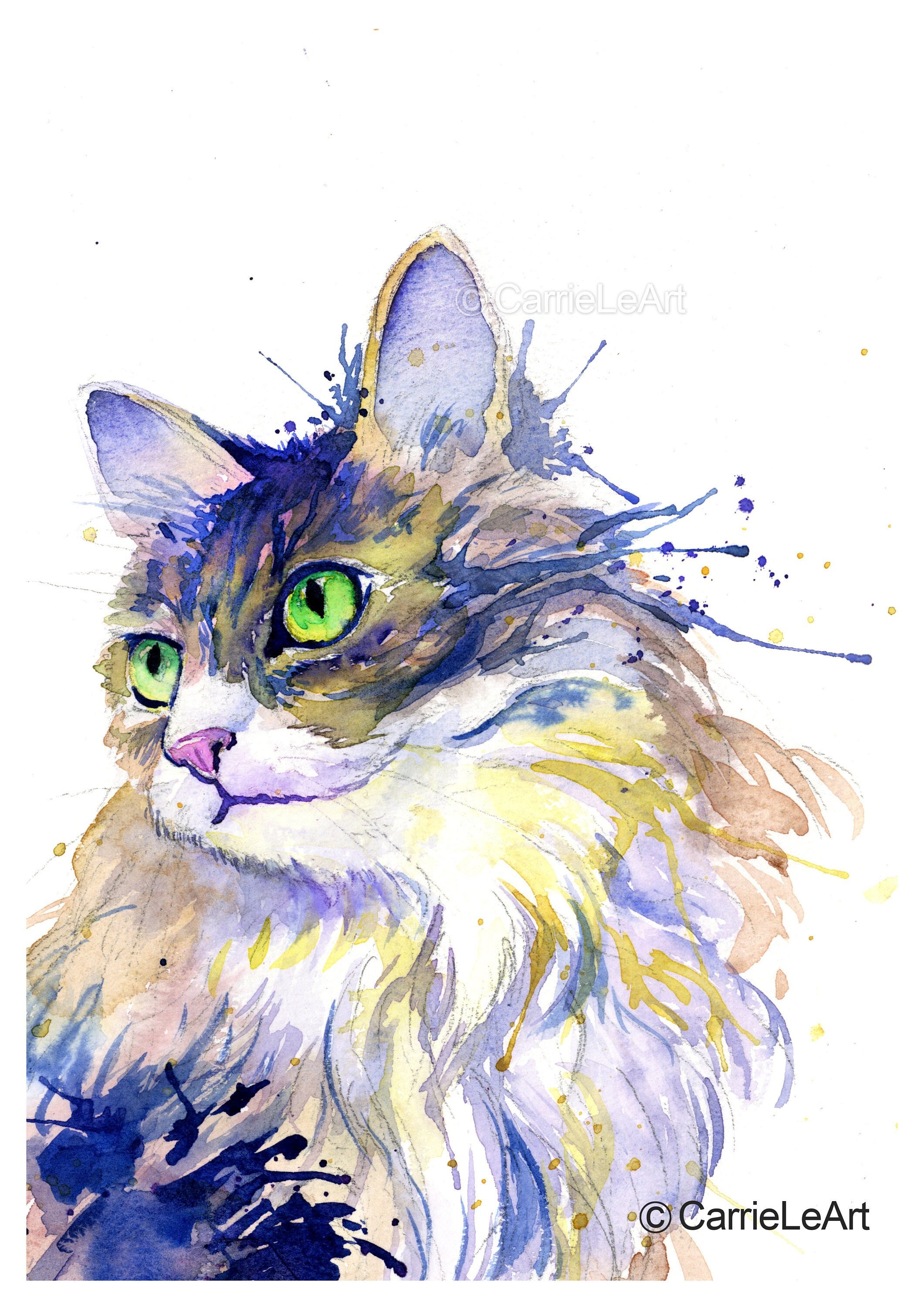 【原画販売】ノルウェージャンフォレストキャットの水彩画 猫のプリント、猫の絵画、ノルウェージャンフォレストキャットの