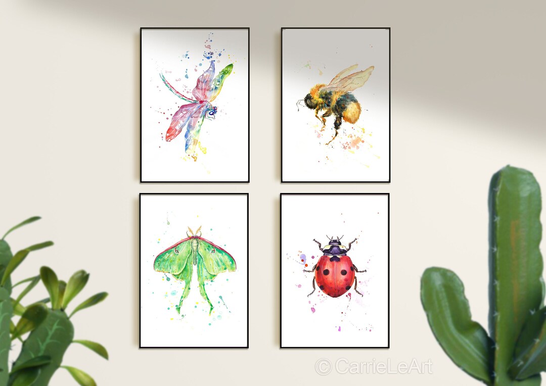 Set of 4 Bug Prints, Bumblebee, Ladybird, Luna Moth and Dragonfly ...