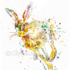 May include: Watercolor painting of a running hare. The artwork features a dynamic pose with the hare's body rendered in shades of yellow, brown, and white, accented by colorful paint splatters. The background is white.