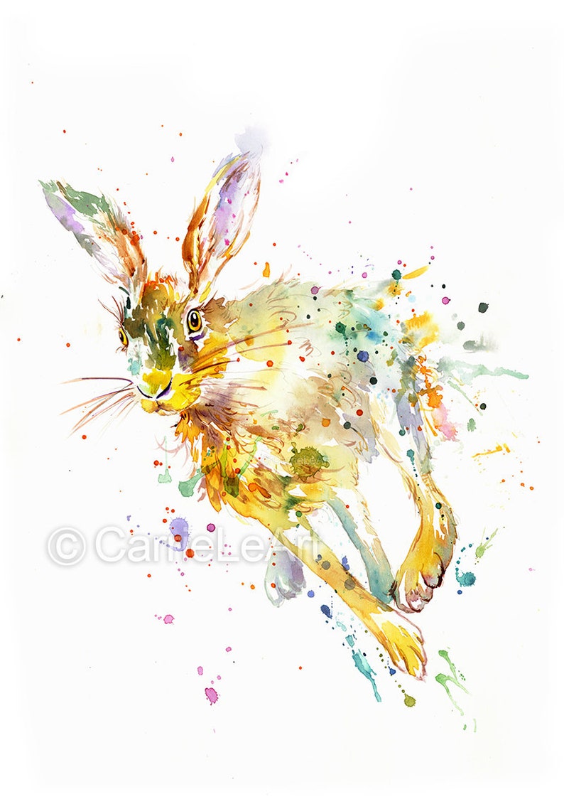 May include: Watercolor painting of a running hare. The artwork features a dynamic pose with the hare's body rendered in shades of yellow, brown, and white, accented by colorful paint splatters. The background is white.