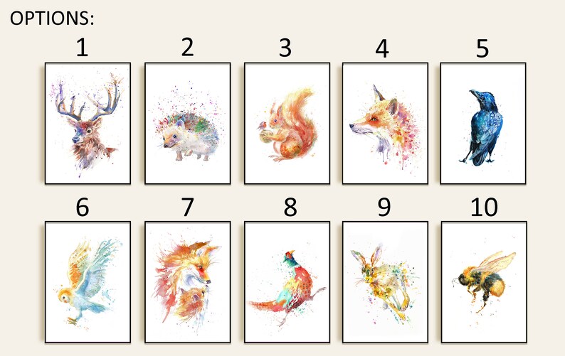 May include: A collection of ten watercolor animal art prints. Each print features a different animal, including a deer, hedgehog, squirrel, fox, raven, owl, pheasant, rabbit, and bee. The art style is colorful and abstract, with a white background.