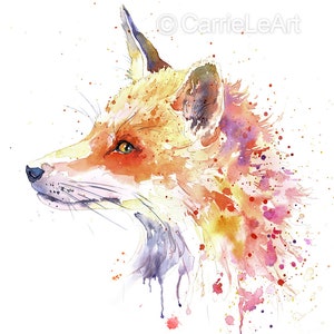 May include: Watercolor painting of a fox's head in profile. The fox is rendered in shades of orange, yellow, and pink, with green eyes and a black nose. The artwork features a splatter effect, with paint drips and splatters around the fox.