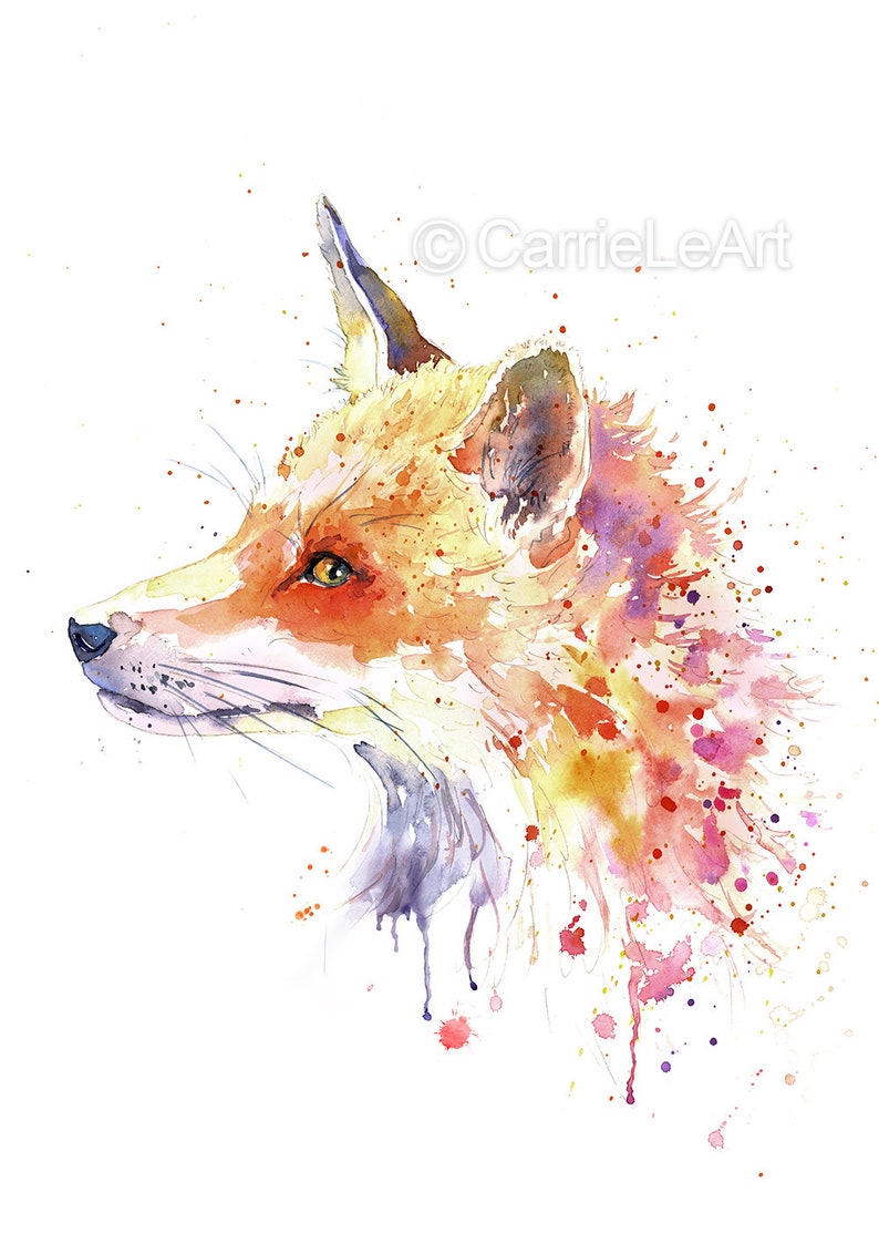 May include: Watercolor painting of a fox's head in profile. The fox is rendered in shades of orange, yellow, and pink, with green eyes and a black nose. The artwork features a splatter effect, with paint drips and splatters around the fox.