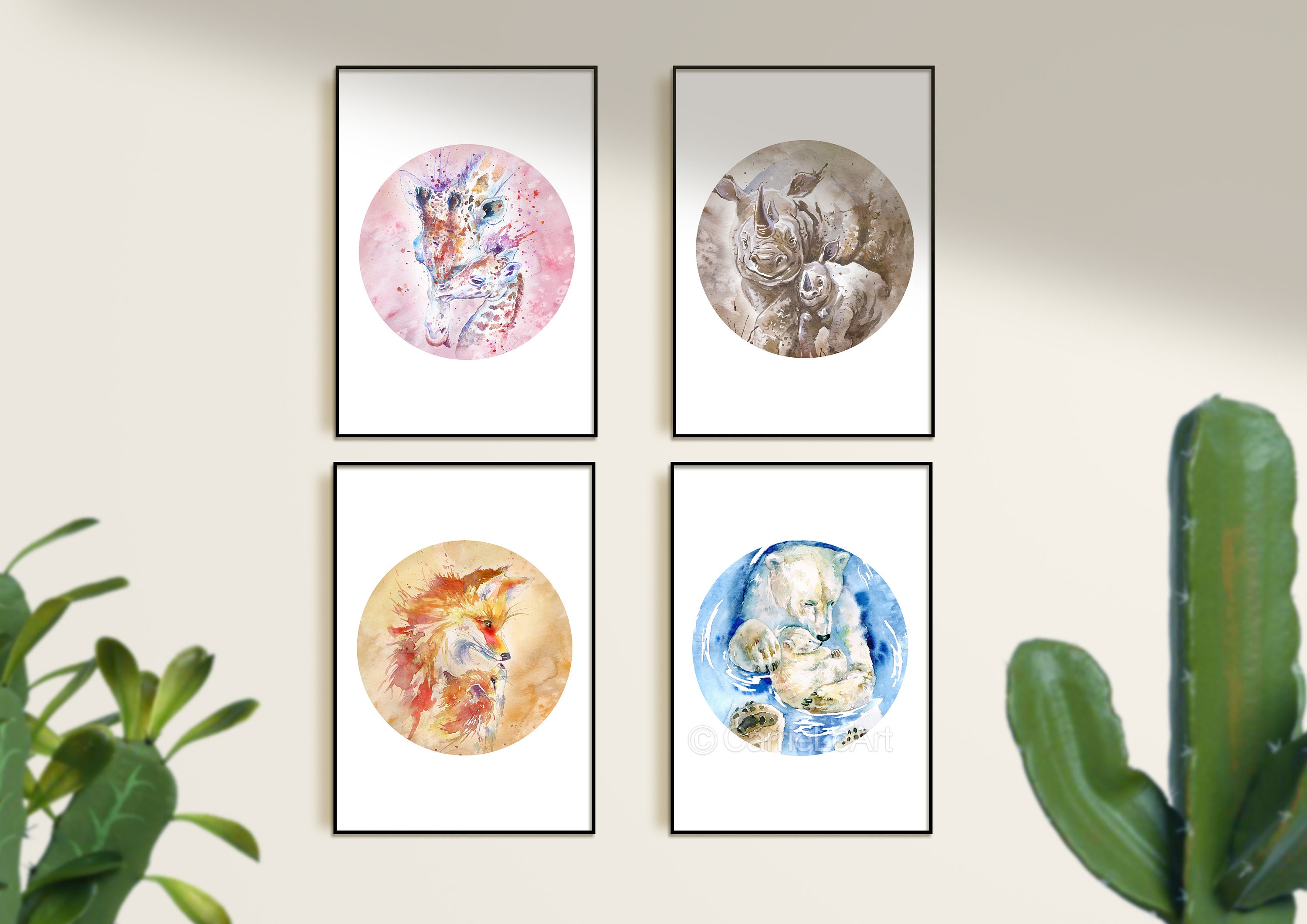 Watercolor Set Of 4 Mother and Baby Prints, Wildlife Wall Art set of 4, Animal Family Decor, Mom & Baby Animal Portraits, Watercolor Rhino