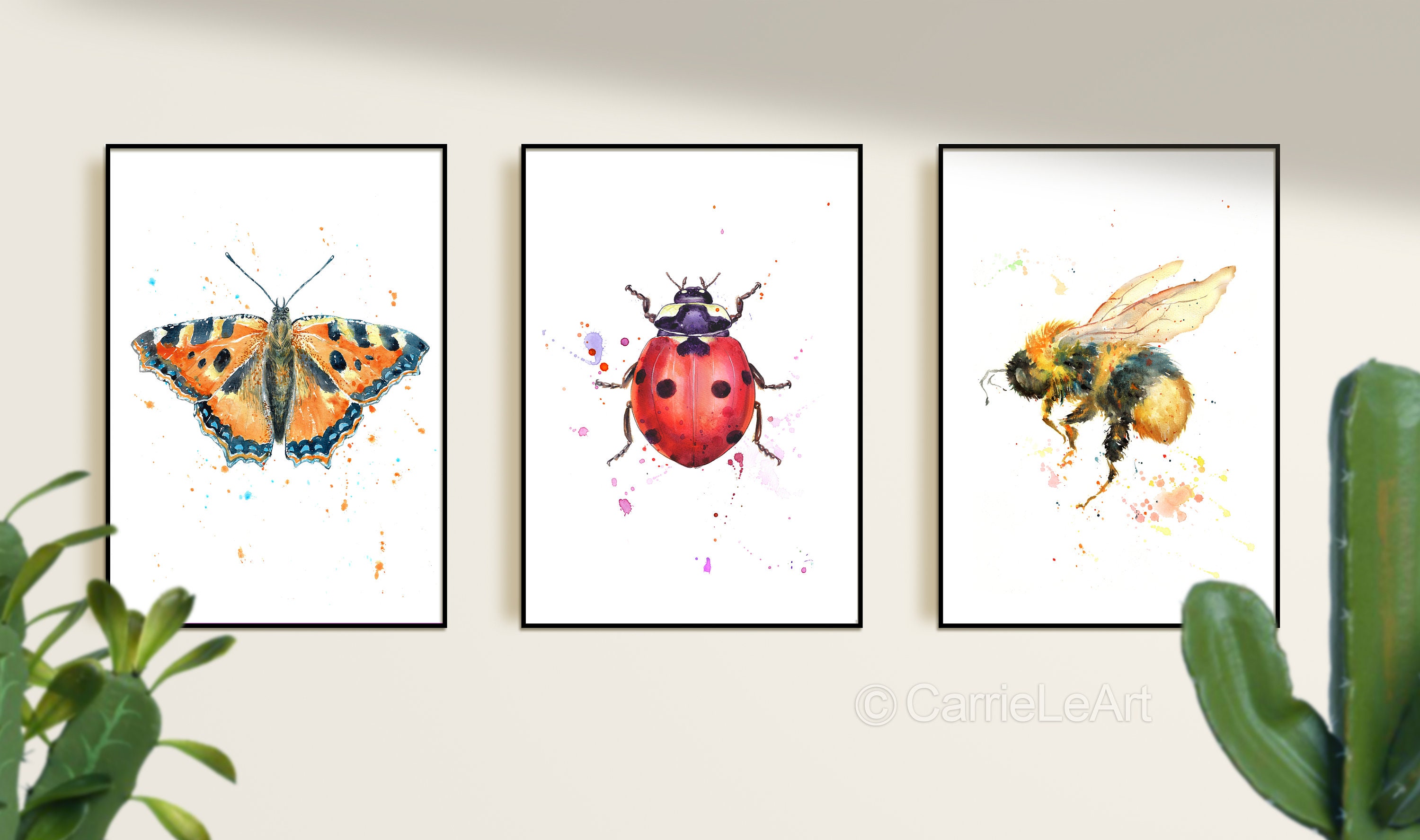 Butterfly Bumblebee Ladybug Prints, Insect Posters Set of 3