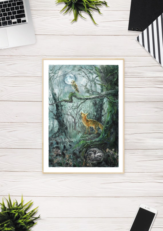Watercolour Night Forest Art, Woodland Painting, Fox and Badger Wall Art, Owl and Moon Illustration, Dark Forest Illustration, Woodland Art