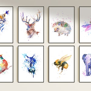 Watercolor Set Of Wildlife Animal Prints, Wildlife Wall Art Set of 8, Hedgehog, Stag, Pheasant, Fox, Tiger, elephant, Wolf, Raven, Bee, etc.