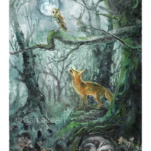 May include: Watercolor painting of a moonlit forest scene. An owl perches on a branch, while a fox howls at the moon. A badger sleeps in a tree hollow. The artwork is dominated by shades of green, gray, and brown.