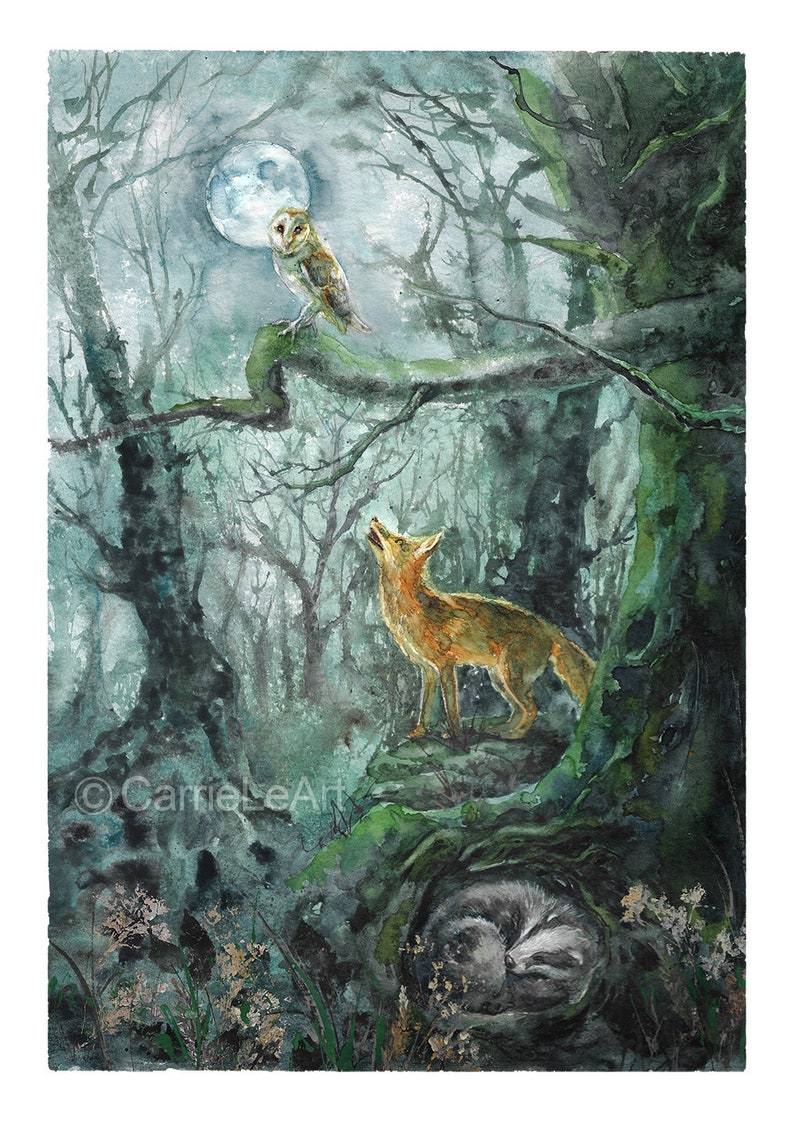 May include: Watercolor painting of a moonlit forest scene. An owl perches on a branch, while a fox howls at the moon. A badger sleeps in a tree hollow. The artwork is dominated by shades of green, gray, and brown.
