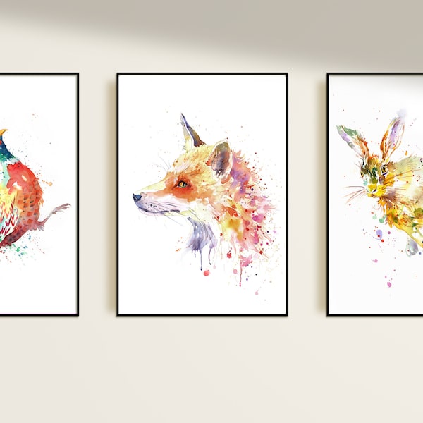 Aquarelle Hare Pheasant Fox Wall Art Prints, Set of wildlife animals prints, British woodland animal fine art, Country home decor, Farm