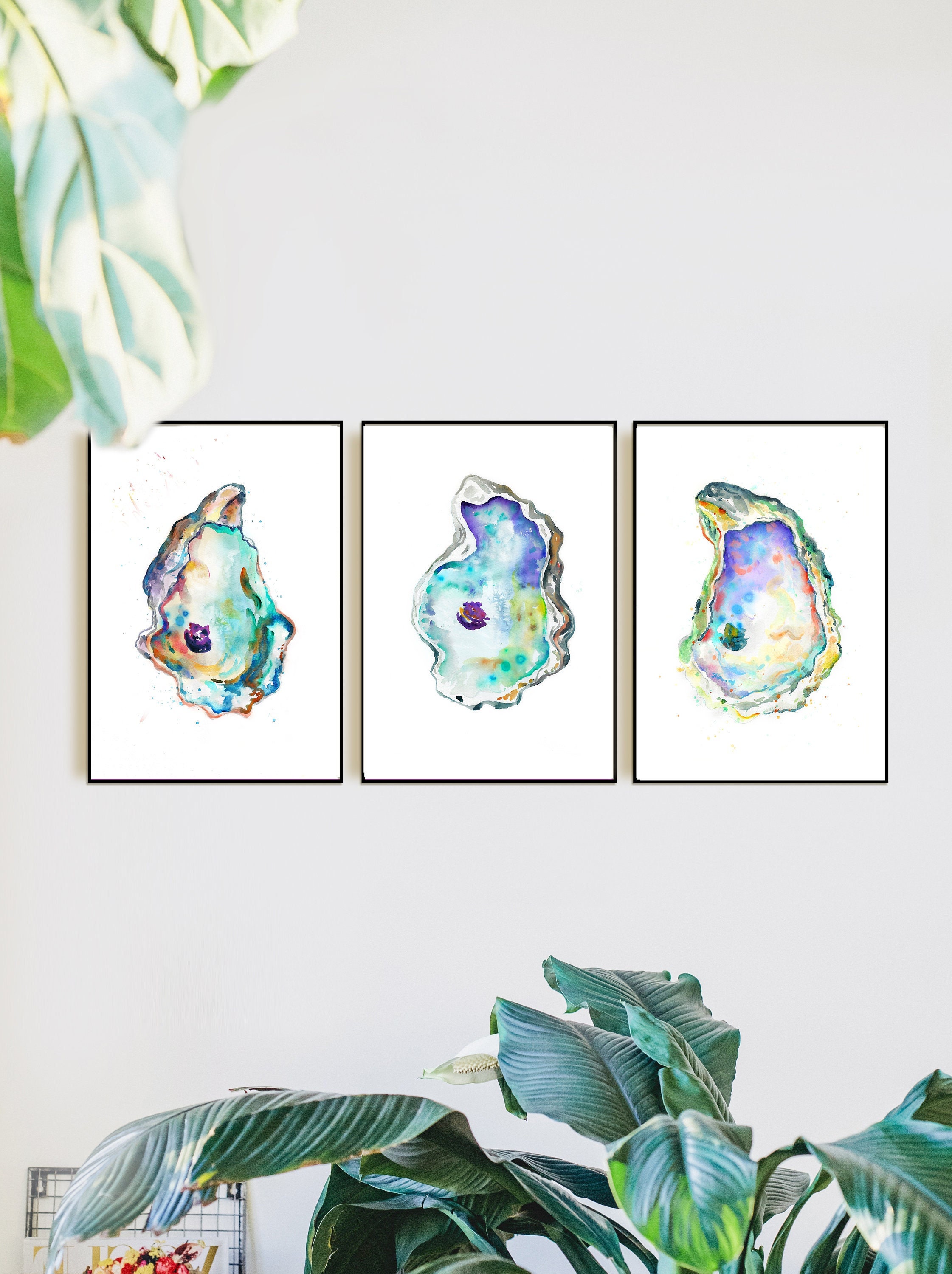 Set of 3 Oyster Painting Prints, Watercolor Set of Oyster Prints, Oyster Art Set of 3, Ocean Print, Coastal Art, Shell Art, Shell Prints