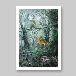 May include: Watercolor painting of a moonlit forest scene. A fox stands on a mossy ledge, howling at the moon. An owl perches on a branch, and a sleeping animal rests in a hollow. The artwork is signed "CarrieLeArt".