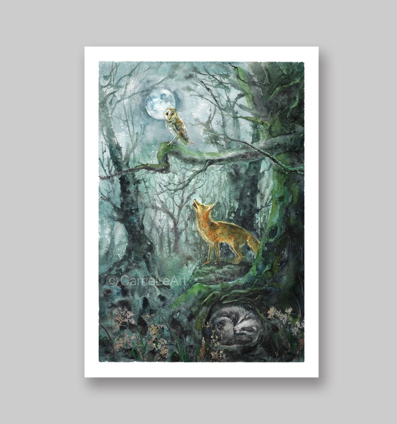 May include: Watercolor painting of a moonlit forest scene. A fox stands on a mossy ledge, howling at the moon. An owl perches on a branch, and a sleeping animal rests in a hollow. The artwork is signed "CarrieLeArt".