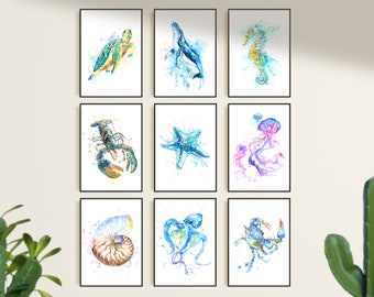 Juego de 9 impresiones de arte náutico, arte de pared costera, ballena, tortuga marina, pulpo, ostra, caballito de mar, cangrejo azul, langosta, impresión marina, arte de la vida marina