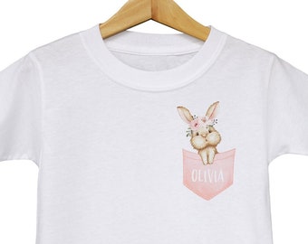 Camiseta personalizada de conejito de Pascua: camiseta con bolsillo falso para niña