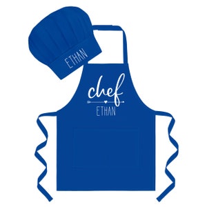 Personalized Apron for Kids Cooking Hat Optional. Toddler and Kids sizes 1-3, 4-7, 8-12. Tablier enfant personnalisé, tablier cuisine. blue (apron + hat)