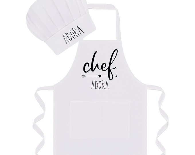 Personalized Apron for Kids Cooking (Hat Optional). Toddler and Kids sizes 1-3, 4-7, 8-12. Tablier enfant personnalisé, tablier cuisine.