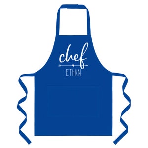 Personalized Apron for Kids Cooking Hat Optional. Toddler and Kids sizes 1-3, 4-7, 8-12. Tablier enfant personnalisé, tablier cuisine. blue (apron only)