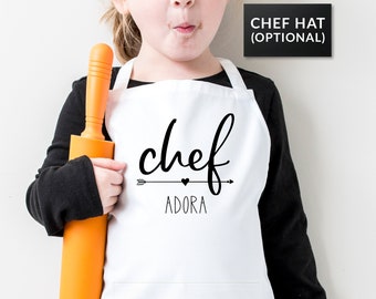 Personalized Apron for Kids Cooking (Hat Optional). Toddler and Kids sizes 1-3, 4-7, 8-12. Tablier enfant personnalisé, tablier cuisine.