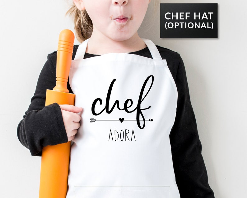 Personalized Apron for Kids Cooking Hat Optional. Toddler and Kids sizes 1-3, 4-7, 8-12. Tablier enfant personnalisé, tablier cuisine. image 2