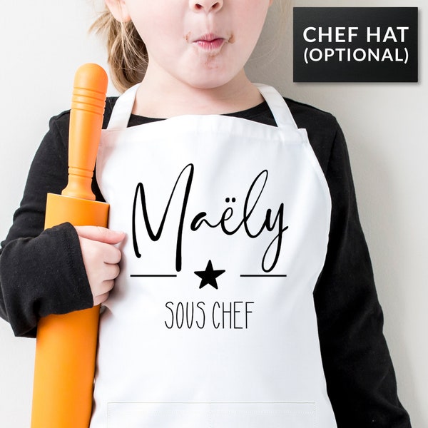 Personalized Kids Apron and Hat (optional). Sous Chef Apron. Sizes 1-3, 4-7, 8-12. Tablier enfant personnalisé. Apron + Chef Hat Gift Set.