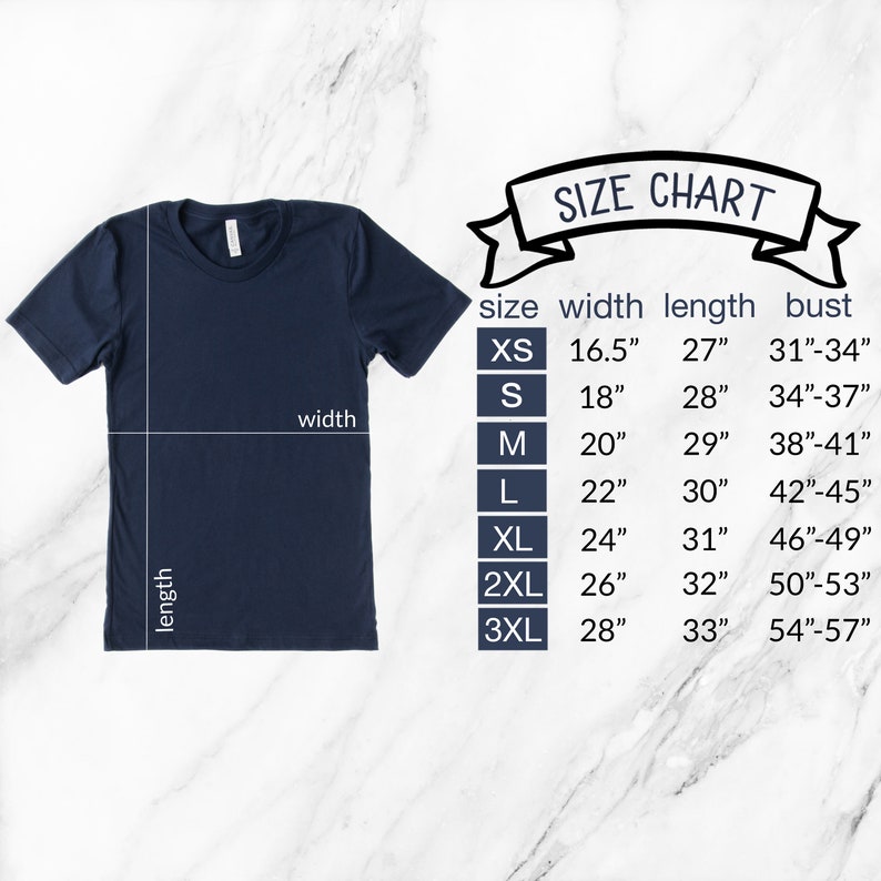 May include: A size chart for a t-shirt, showing the width, length, and bust measurements for sizes XS to 3XL. The chart is displayed next to a navy blue t-shirt.