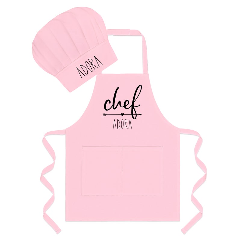 Personalized Apron for Kids Cooking Hat Optional. Toddler and Kids sizes 1-3, 4-7, 8-12. Tablier enfant personnalisé, tablier cuisine. pink (apron + hat)