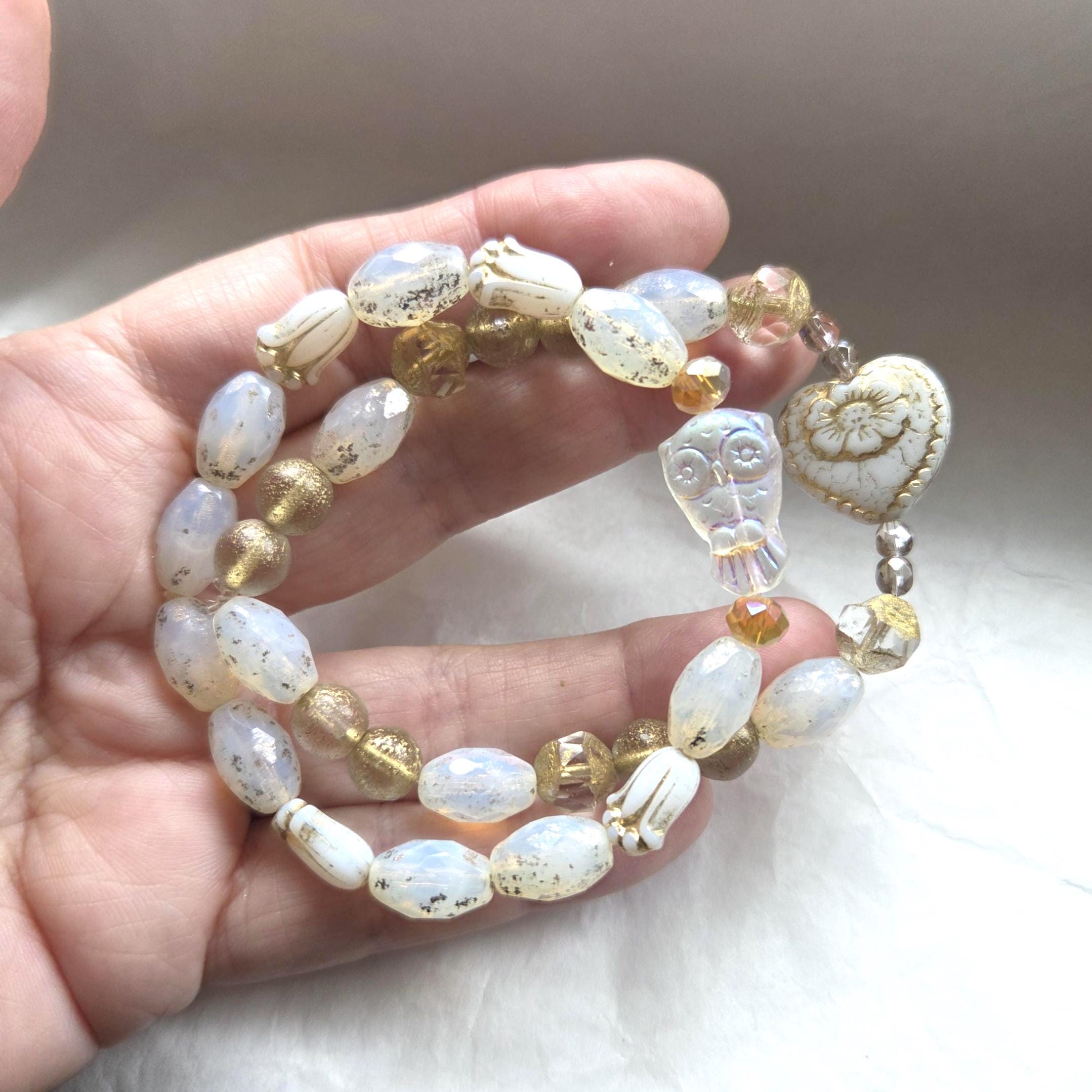 Iridescent White Heart and Owl Two Bracelet Set: Czech Glass. S/M 6.75"