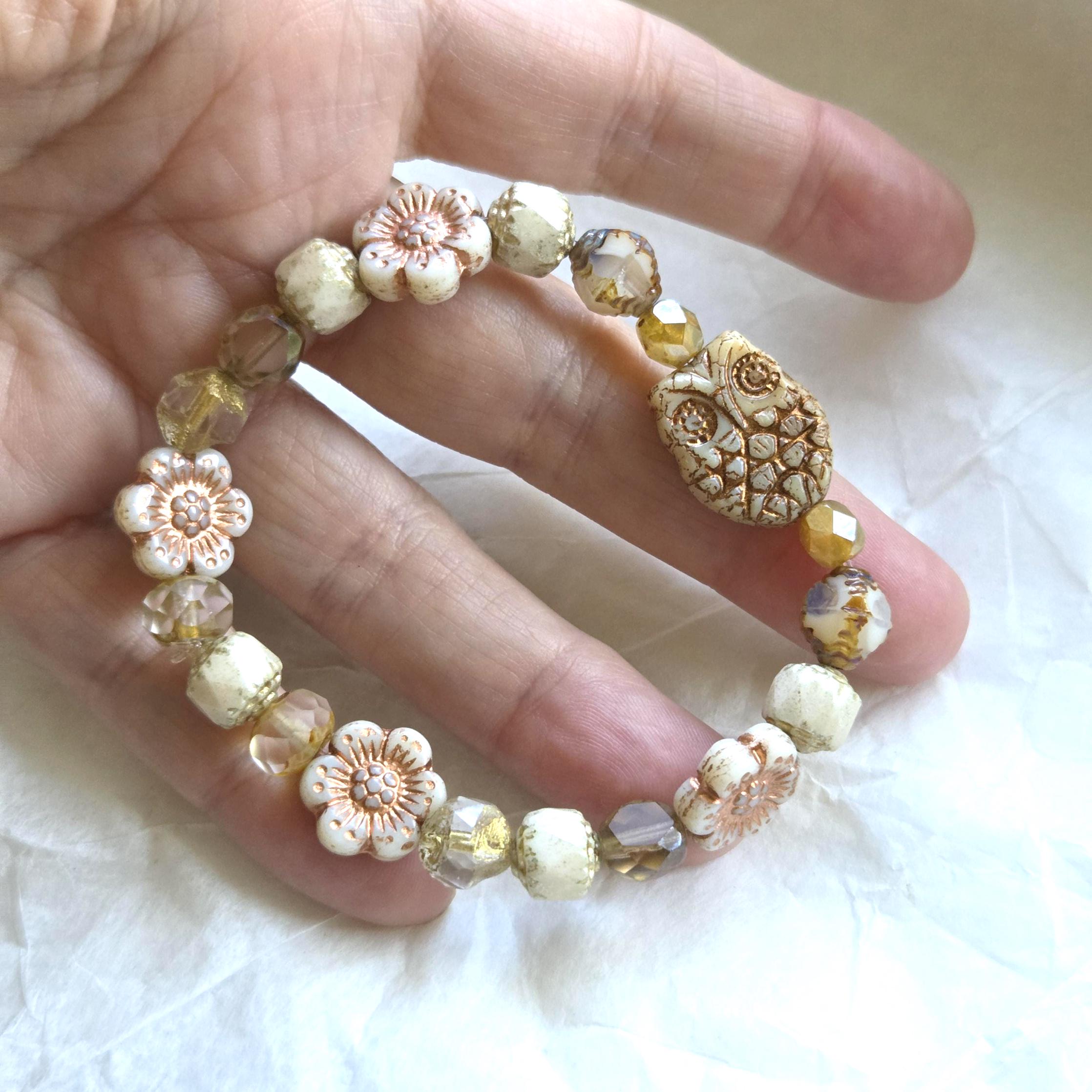 Taupe Owl and Flower Bracelet: Czech Glass. Size S/M 6.75"