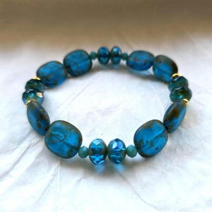 Czech Glass Bead Bracelet: Peacock Blue. Gold. Boho Style. Petite 6.5&quot;