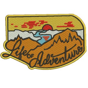 May include: Embroidered patch featuring a landscape scene with a sunset, mountains, and a river. The patch has the words "Life of Adventure" in a cursive font. The patch is outlined in gold.