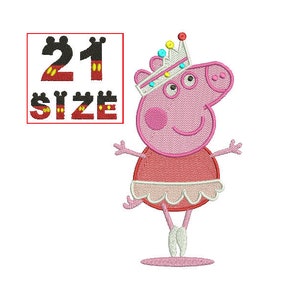 Pode incluir: Desenho bordado de Peppa Pig usando uma coroa e um tutu rosa, com o texto "21 SIZE" em uma caixa vermelha.