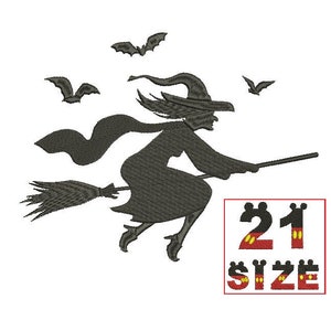 May include: Black silhouette of a witch flying on a broomstick with bats in the background. The text "21 SIZE" is in the lower right corner of the image.