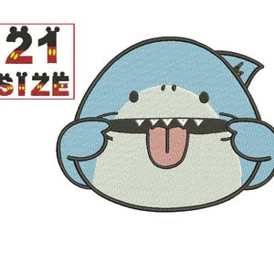 May include: A blue and white cartoon shark with a big toothy grin and a pink tongue sticking out. The shark is wearing a black eye patch and has a fin on its head.
