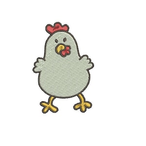 May include: A cartoon illustration of a gray chicken with a red comb, yellow beak, and yellow feet.