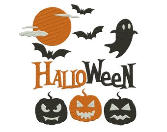 Halloween Bat Boo Moon Pumpkin Embroidery Design Machine Instant Download Q8140