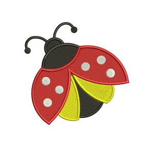 May include: A red and black ladybug with yellow wings and white spots. The ladybug is in a cartoon style.