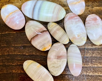 Polished Banded Pink Calcite Palm Stone, Pakistan Pink Banded Onyx, Meditation Stone, Crystals,