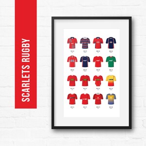 Scarlets Rugby Union Print Poster Wall Art | Classic Kits | Iconic Retro Shirts History | Gift for Him | Birthday Present | Man Cave
