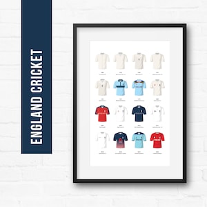 Muurkunst poster met cricketprint Engeland | Klassieke kits | Geschiedenis van iconische retro-shirts | Cadeau voor hem | Verjaardagscadeau | Mannengrot