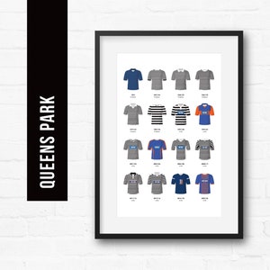 Könnte beinhalten: Gerahmter Druck mit einer Sammlung illustrierter Fußballtrikots. Die Trikots sind in verschiedenen Farben gehalten, darunter Blau, Grau und Orange, mit gestreiften und einfarbigen Designs. Der Text "QUEENS PARK" ist vertikal auf der linken Seite aufgedruckt.