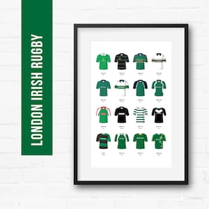 London Irish Rugby Union Print Poster Wall Art | Classic Kits | Iconic Retro Shirts History | Gift for Him | Birthday Present | Man Cave